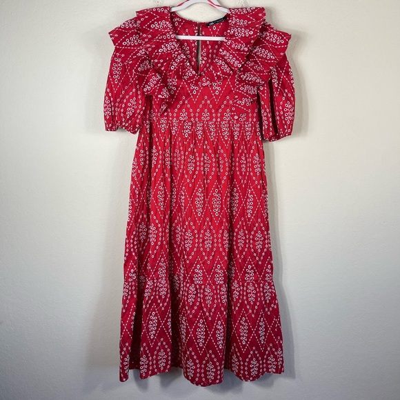 Zara Cotton Eyelet Ruffle Midi Statement Dress in Red Size Large - Picture 4 of 12